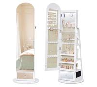 SONGMICS Armario Joyero Giratorio 360° con LED, Joyero de Cuerpo Entero, Cajón, Espejo Interior, Espejo de Aumento, Ganchos, Baldas, Blanco Nube JJC030WB01