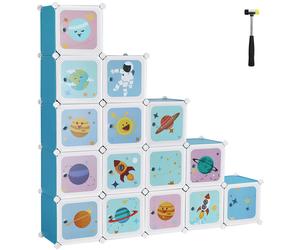 SONGMICS Armario Modular Infantil de 15 Cubos, Organizador Modular para niños, Estantes de Cubo de plástico, con Puertas, para Ropa, Zapatos, Juguetes, 153 x 31 x 153 cm, Azul/Blanco Blanco