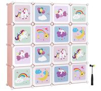 SONGMICS Armario Modular Infantil de 16 Cubos, Organizador Modular para Niños, Estantes de Cubo de Plástico, con Puertas, para Ropa, Zapatos, Juguetes, 123 x 31 x 123 cm, Rosa/Blanco Blanco