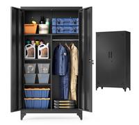 SONGMICS Armario, Mueble de Almacenamiento Metálico, con 2 Puertas, 5 Compartimentos, Barra para Perchas, con Cerradura, Patas Altas, 80 x 40 x 165 cm, Negro Mate/Gris Mate Matte black