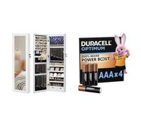 SONGMICS Armario para Joyas, Espejo Joyero de Pared, con Luces LED y Cierre, Organizador de para Pendiente, Collar, Espejo y Varios Compartimentos + Duracell Optimum pack de 4 AAA