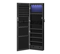 SONGMICS Armario para Joyas, Espejo Joyero de Pared, con Luces LED y Cierre, Organizador de para Pendiente, Collar, Espejo y Varios Compartimentos, Negro/Roble/Superficie Blanca y Forro Superficie Bla