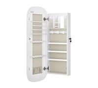 SONGMICS Armario para Joyas, Espejo Joyero de Pared, Organizador con Luz LED y Cerradura, Varios Compartimentos, para Pendiente, Collar, Superficie Blanca y Forro Gris Beige, Regalo de Navidad