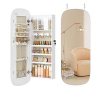 SONGMICS Armario para Joyas, Espejo Joyero de Pared, Organizador con Luz LED y Cerradura, Varios Compartimentos, para Pendiente, Collar, Superficie Blanca y Forro Gris Beige JJC026W01