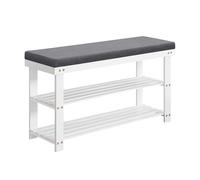 SONGMICS Banco Zapatero de Bambú, Zapatero de 2 Niveles, Organizador de Zapatos Estable para Entrada, Sala de Estar, Asiento de Banco Soporta hasta 136 kg, 29 x 90 x 49 cm, Blanco y Gris