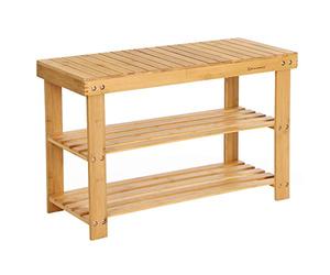 SONGMICS Banco Zapatero, Organizador de Zapatos de Bambú de 3 Niveles, Banco de Pasillo, Soporta hasta 130 kg, 28,7 x 70,1 x 45,3 cm, para Entrada, Baño, Dormitorio, Natural LBS04N
