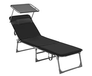 SONGMICS Bañera de Sol, con Colchón de 3 cm, Tumbona Plegable, Tumbona, 193 x 53 x 29,5 cm, Capacidad 150 kg, Parasol Respaldo Inclinable, Jardín, Piscina, Terraza, Negro GCB193B01