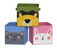 SONGMICS Baúl Juguetes Infantil con Tema de Animales, Plegable, Juego de 3 | Caja Almacenaje, Organizador para Habitación de Niños, 30 x 30 x 30 cm, Azul, Verde y Rosa, Colección TEZA RFB075P01