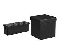 SONGMICS Baúl Puff - Taburete para almacenaje, Plegable Carga máxima de 300 kg, Negro, 110 x 38 x 38 cm + 38 x 38 x 38 cm Baúl Puff Taburete para almacenaje Plegable