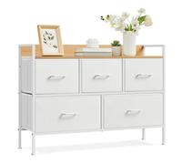 SONGMICS BELLAH Colección - Cómoda para Dormitorio, Cajonera con 5 Cajones de Tela con Asas, Armario de Almacenamiento, para Sala de Estar, Pasillo, Marco de Acero, Blanco Nube y Beige Roble LTS135W01