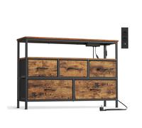 SONGMICS BELLAH Colección - Cómoda para Dormitorio, Mueble de Almacenaje, Iluminación LED Ajustable, Regleta de Enchufes, 1 Estante, 5 Cajones, Industrial, Marrón Rústico y Negro Tinta/Moderna, Blanco