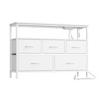 SONGMICS BELLAH Colección - Cómoda para Dormitorio, Mueble de Almacenaje, Iluminación LED Ajustable, Regleta de Enchufes, 1 Estante, 5 Cajones, Industrial, Marrón Rústico y Negro Tinta/Moderna, Blanco