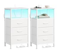 SONGMICS BELLAH Colección - Mesita de Noche con Estación de Carga, Mesa Auxiliar con Luz LED Ajustable Controlada por App, 1 Estante y 3 Cajones, Juego de 2, Blanco Nube LGS203W102