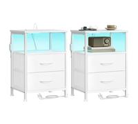 SONGMICS BELLAH Colección - Mesita de Noche con Estación de Carga, Mesa Auxiliar con Luz LED Ajustable Controlada por App, 1 Estante y 2 Cajones, Juego de 2, Blanco Nube LGS202W102