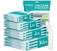 SONGMICS Bolsas de Almacenamiento al Vacío, Bolsa de Almacenaje para Ropa, Sábanas, Armario y Viaje, Compacta y Reutilizable, Bomba Manual Incluida, Juego de 12, 3M/3L/3J/3X-J, Transparente