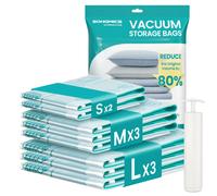 SONGMICS Bolsas de Almacenamiento al Vacío, Bolsa de Almacenaje para Ropa, Sábanas, Armarios y Viaje, Compactas y Reutilizables, Bomba Manual Incluida, Juego de 8, 2S/3M/3L, Transparente