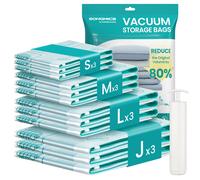 SONGMICS Bolsas de Almacenamiento al Vacío, Bolsa de Almacenaje para Ropa, Sábanas, Armarios y Viaje, Compacta y Reutilizable, Bomba Manual Incluida, Juego de 12, 3S/3M/3L/3J, Transparente