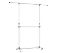 SONGMICS Burro de Ropa con Doble Barra, Perchero con Ruedas Extensible, Altura Ajustable 113-180 cm, Barra Central Ajustable, Blanco LLR401W01