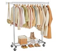 SONGMICS Burro Ropa con Ruedas, Perchero Burro Extensible con Carga Pesada, Capacidad de Carga Máx. de 100 kg, 45 x (92-132) x 161,5 cm, Fácil de Montar, Portátil, Plata HSR13S