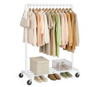 SONGMICS Burro Ropa, Perchero Burro con Ruedas, Capacidad de Carga de 90 kg, Perchero con Barra para Colgar, Estante de Almacenamiento, Estilo Industrial, Blanco HSR061W01