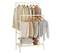 SONGMICS Burro Ropa, Perchero Burro de Metal con 2 Barras Colgantes, con un Estante de Almacenamiento, Capicidad de Carga 55 kg, Montaje Fácil, Blanco RDR01WT