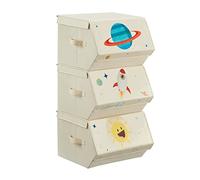 SONGMICS Caja Almacenaje Tela Infantil, Juego de 3, Plegable | Apilables con Asas, Tapa Magnética, para Habitación de Niños, Elementos Espaciales, Beige, Colección TEZA, RLB700M01