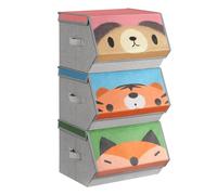 SONGMICS Caja Almacenaje Tela Infantil, Juego de 3, Plegable | Apilables con Asas, Tapa Magnética, para Habitación de Niños, Elementos de Animales, Rosa y Azul, Colección TEZA, RFB760P03