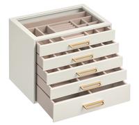 SONGMICS Caja de Joyas, Organizador de Joyería de 5 Niveles con Ventana de Vidrio, 5 Cajones, Gran Capacidad, Moderna, Tiradores Dorados, Idea de Regalo, 17,2 x 24 x 18,4 cm, Blanco Crema
