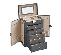 SONGMICS Caja Joyero de 6 Niveles, con 5 Cajones, Espejo, Cerradura | Caja para Joyas, Almacenaje de Joyas, Gran Espacio, Interior con Espejo, Gris Pizarra y Marrón Camello, BRIDIE JBC152G01