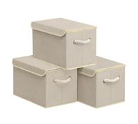 SONGMICS Cajas Almacenaje Ropa de Tela, Cajas Organizadoras con Tapa, 38 x 25 x 25 cm, Juego de 3, Organizador de Armario, Beige Arena, Colección Tina RFB013LZ01