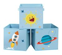 SONGMICS Cajas de Almacenaje, Juego de 3, Organizadoras de Juguetes, Cubos Plegables con Asas, para Habitación de Niños, Sala de Juegos, 30 x 30 x 30 cm, Tema del Espacio, Azul RFB001B03