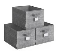 SONGMICS Cajas de Almacenaje Plegables, Juego de 3 Cestas de Tela, 40 x 30 x 24 cm, Organizadores de Armario, 2 Asas, Portaetiquetas, para Dormitorio, Salón, Gris Espadaña/Beige Arena