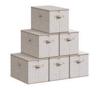 SONGMICS Cajas de Almacenamiento Plegables, Juego de 6 Organizadores en Cajas con Tapas y Asas, para Ropa, 50 x 30 x 30 cm, Tejido de Tela No Tejida, Beige Arena/Gris Pizarra