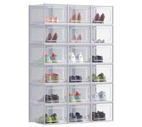 SONGMICS Cajas de Zapatos, Organizador de Zapatos de Plástico, Plegable y Apilable, para Zapatos de hasta Talla 47, Juego de 18, Transparente y Gris Paloma LSP007G18