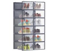 SONGMICS Cajas de Zapatos, Organizador de Zapatos de Plástico, Plegable y Apilable, para Zapatos de hasta Talla 43, Juego de 12, Transparente y Azul Antracita LSP12SB30