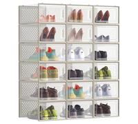 SONGMICS Cajas de Zapatos, Organizador de Zapatos de Plástico, Plegable y Apilable, para Zapatos de hasta Talla 43, Juego de 18, Transparente y Beige Capuchino LSP18SW30