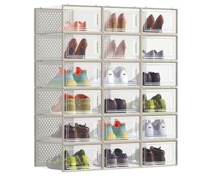 SONGMICS Cajas de Zapatos, Organizador de Zapatos de Plástico, Plegable y Apilable, para Zapatos de hasta Talla 43, Juego de 18, Transparente y Beige Capuchino LSP18SW30