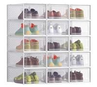 SONGMICS Cajas de Zapatos Plástico, Juego de 15 Organizadores de Almacenamiento, Caja Zapatero Plástico Plegable y Apilable para Zapatillas hasta talla 44, Transparente y Blanco LSP015W02