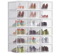 SONGMICS Cajas de Zapatos Plástico, Juego de 18 Organizadores de Almacenamiento, Caja Zapatero Plástico Plegable y Apilable para Zapatillas hasta talla 44, Transparente y Blanco LSP18SWT