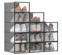 SONGMICS Cajas para Zapatos, Organizador de Zapatos de Plástico, con Puerta, Transparente, Juego de 12, Apilable, 33,2 x 23 x 14,5 cm, para Zapatos hasta 43, Transparente y Negro Tinta LSP312B01