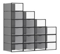 SONGMICS Cajas para Zapatos, Organizador de Zapatos de Plástico, con Puerta, Transparente, Juego de 18, Apilable, 33,2 x 23 x 14,5 cm, para Zapatos hasta 43, Transparente y Negro Tinta/Transparente y