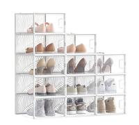 SONGMICS Cajas para Zapatos Transparentes, 18 Cajas de Zapatos, Robusta, Organizadores Plegables, Talla 44, Apilables, para Exponer Zapatillas, Tacones Altos, Transparente y Blanco LSP106W18