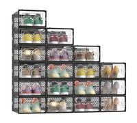 SONGMICS Cajas para Zapatos Transparentes, 18 Cajas de Zapatos, Robusta, Organizadores Plegables, Talla 43 Apilables, para Exponer Zapatillas, Tacones Altos, Transparente y Negro LSP106B18V2