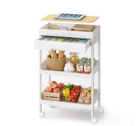 SONGMICS Carro de 3 Niveles, Carrito de Cocina con Ruedas, con Bandeja Extraíble y Cajón, de Plástico, Fácil de Montar, Blanco y Roble Dorado
