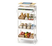 SONGMICS Carro de 4 Niveles, Carrito de Cocina con Ruedas, con Bandeja Extraíble y Cajón, de Plástico, Fácil de Montar, Blanco y Roble Dorado