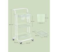 SONGMICS Carro Rodante, Caritro de Almacenamiento de 3 Niveles, con Mango, 2 Organizadores Pequeños, Marco de Acero, Cestas de Plástico, para Dormitorio, Lavadero Baño, Blanco y Transparente White and