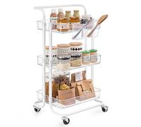 SONGMICS Carro Rodante, Caritro de Almacenamiento de 3 Niveles, con Mango, 2 Organizadores Pequeños, Marco de Acero, Cestas de Plástico, para Dormitorio, Lavadero Baño, Blanco y Transparente BSC067W03