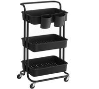 SONGMICS Carro rodante, Caritro de Almacenamiento de 3 Niveles, con Mango, 2 organizadores pequeños, Marco de Acero, cestas de plástico, para Dormitorio, lavadero del baño, Negro/Blanco
