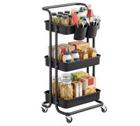 SONGMICS Carro Rodante, Caritro de Almacenamiento de 3 Niveles, con Mango, 2 Organizadores Pequeños, Marco de Acero, Cestas de Plástico, para Dormitorio, Lavadero Baño, Negro BSC067B01