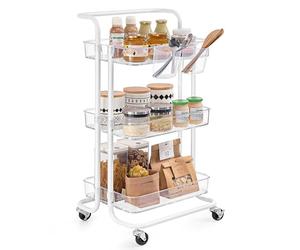 SONGMICS Carro Rodante, Caritro de Almacenamiento de 3 Niveles, con Mango, 2 Organizadores Pequeños, Marco de Acero, Cestas de Plástico, para Dormitorio, Lavadero Baño, Blanco y Transparente BSC067W03